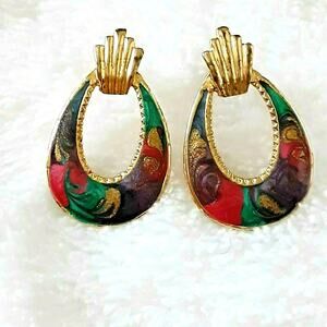 💫 Vintage Teardrop Swirl Earrings 💜 Gold Tone Multicolor Retro Hoop